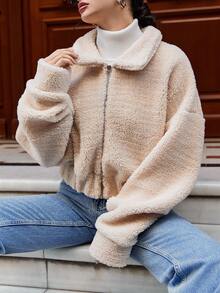 EURMUSE Women's Teddy Fleece Drop Shoulder Zipper Front Jacket - Beige - View 5