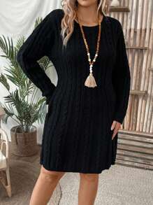 SHEIN LUNE Plus Cable Knit Drop Shoulder Sweater Dress - Black - View 6