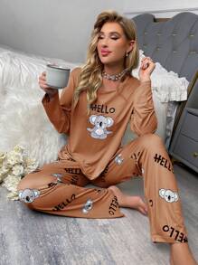 考拉字母印花長袖長褲家居服套裝 - 鏽棕色 - 查看 4