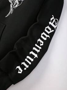 SHEIN 青少年女孩蝴蝶和字母圖案袋鼠口袋加絨內裏連帽衫