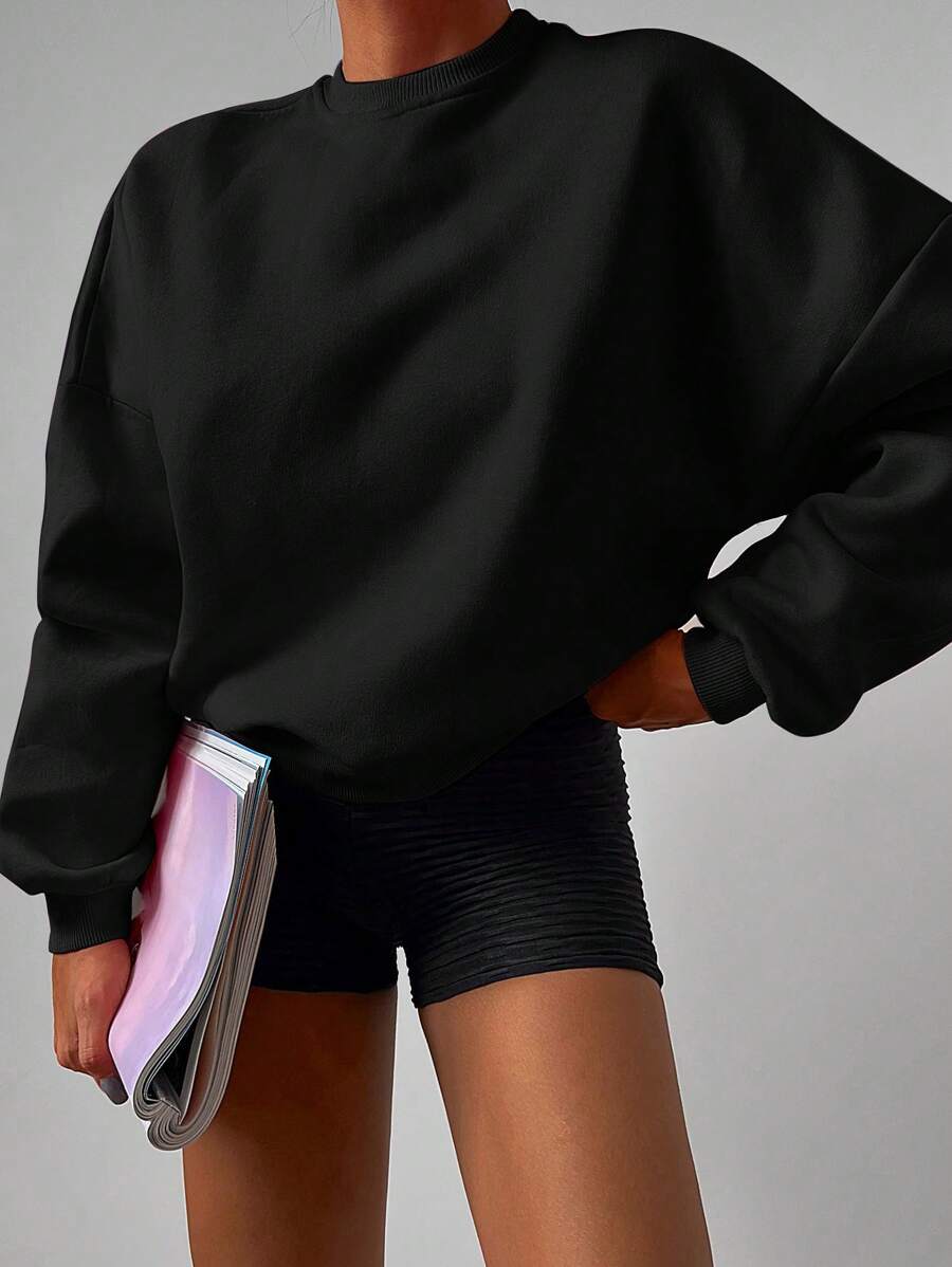 EURMUSE Solid Drop Shoulder Sweatshirt - Black - View 1
