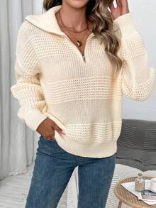SHEIN LUNE Half Zip Drop Shoulder Sweater Knit Pullover Fall Winter Outfit - Apricot - View 4