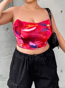 Flirla Talla grande Top tubo crop con estampado de dibujo de espalda abierta con cordón