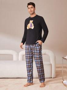 男士小熊印花家居服上裝 - 黑色 - 查看 6