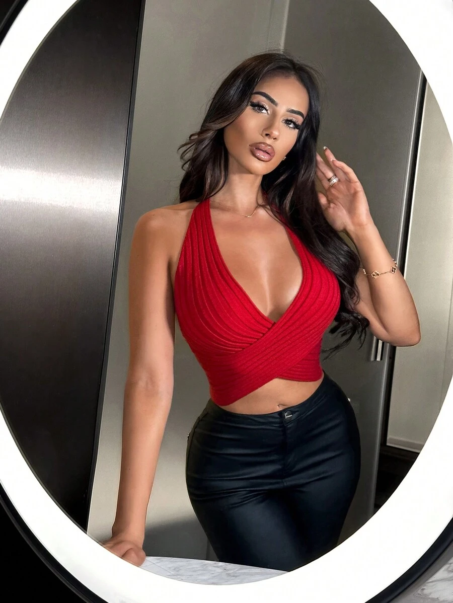 SHEIN SXY 夏季性感純色交叉包覆露背針織上衣配露背領 - 紅色 - 查看 1