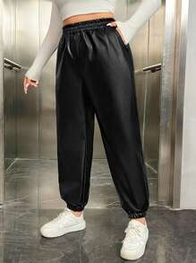 SHEIN EZwear Talla grande Pantalones de cintura elástica PU - Negro - Ver 1
