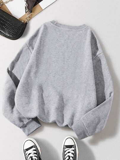 SHEIN EZwear 休闲简约校园风格返校美式运动图案宽松圆领长袖运动衫大码女款