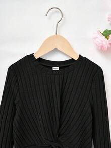 SHEIN Cô gái Tween Dệt kim Màu thuần Vòng cổ Tay áo dài Ngắn Giải trí Áo thun Với Xoắn - màu đen - Xem 4