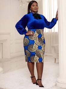 SHEIN Lady Plus Geo Print Bow Front Lantern Sleeve Velvet Dress - Multicolor - View 6