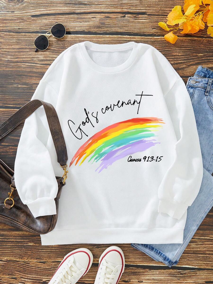 SHEIN EZwear 大碼彩虹和標語圖案加絨內裏運動衫 - 白色 - 查看 1