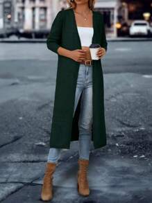 SHEIN LUNE Chất rắn Mở Mặt trước Thả vai Viền chia cắt Áo len Duster - Màu xanh lá cây đậm - Xem 4