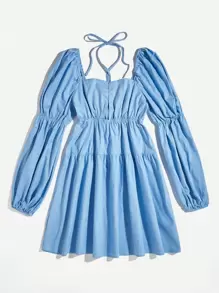 Soleia 十字交叉後綁帶燈籠袖洋裝