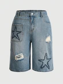 ROMWE Grunge Punk Women's Plus Size Distressed Denim Shorts With Star Patterns, School - Blue - View 1