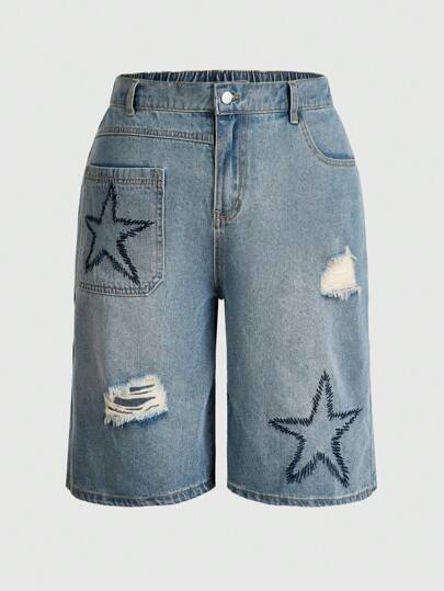 [TREEMINGBIRD] ★ Distressed Square Denim Set-up Shorts Distressed Denim Shorts- Rhinestone Fringe Denim Shorts