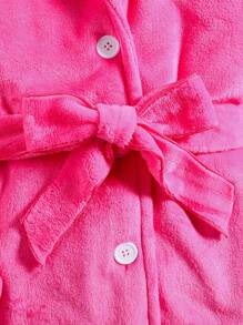 Teen Girl Lapel Neck Belted Fleece Coat - Hot Pink - View 3