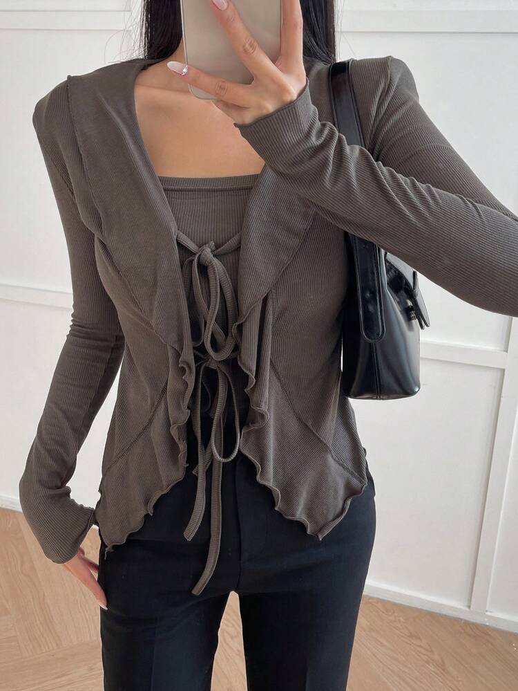 Solid Cami Top & Ruffle Trim Tie Front Jacket, Women Two Pieces Sets