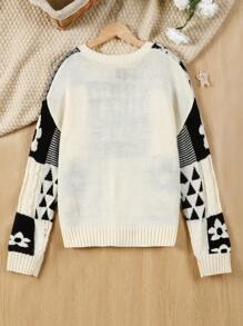 Female Teenagers Black And White Floral Pullover Sweater - Black and White - View 2