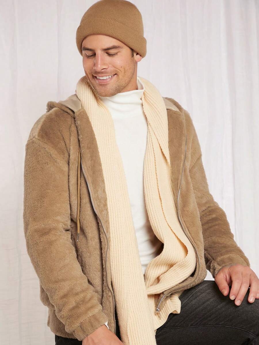 Manfinity VCAY Loose Fit Men's Zip Up Drawstring Hooded Teddy Jacket - Khaki - View 1