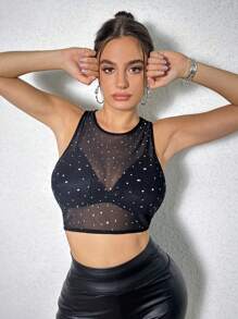 SHEIN SXY Top Sin Mangas De Mujer Con Adornos De Pedrería - Negro - Ver 1