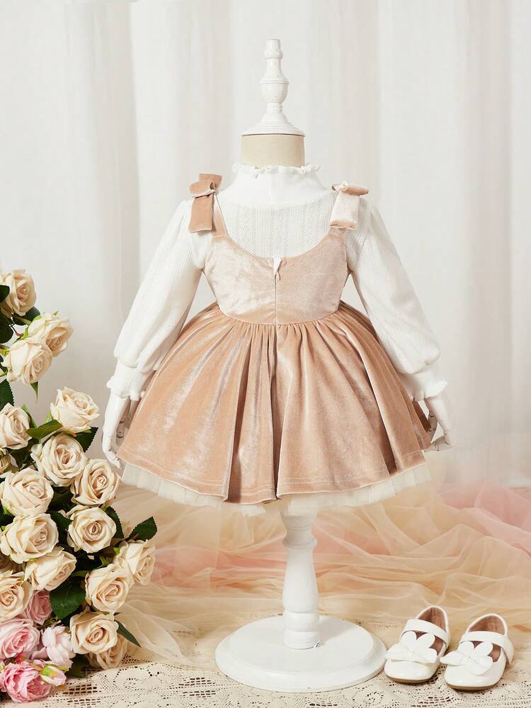 Baby Girl Bow Detail Mesh Lined Gown Dress With Tee