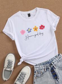 SHEIN LUNE Flower And Letter Printed Short Sleeve T-shirt - White - View 1
