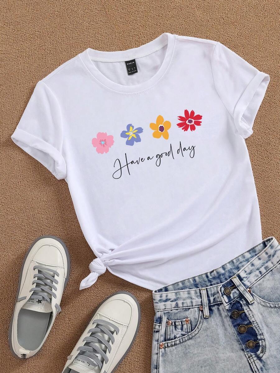 SHEIN LUNE Flower And Letter Printed Short Sleeve T-shirt - White - View 1