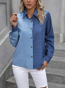 SHEIN LUNE Camisa de botones de dos tonos, blusas de manga larga