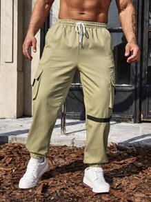 Manfinity Homme Loose Fit Men's Cargo Pants With Flap Pockets, Side Drawstrings - Light Grey - View 3