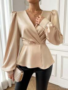 SHEIN Privé Women's Ruffle Peplum Hem Bubble Sleeve Work Women Blouse - Champagne - View 4