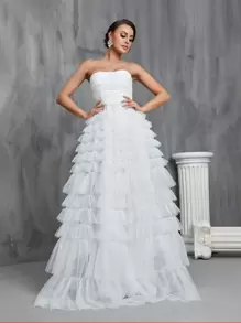 Ruched Layered Ruffle Hem Mesh Tube Wedding Dress - White - View 1