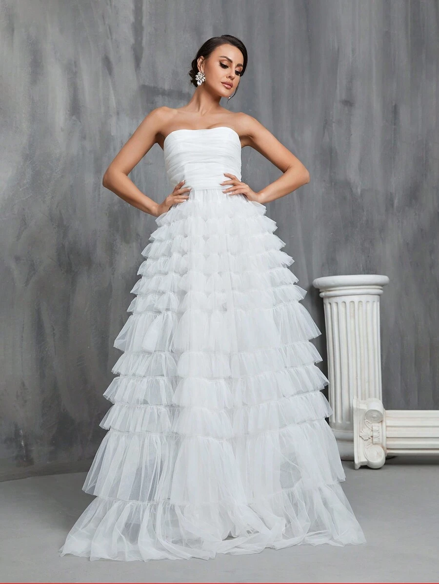 Ruched Layered Ruffle Hem Mesh Tube Wedding Dress - White - View 1