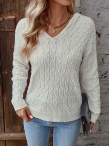 SHEIN LUNE Cable Knit Drop Shoulder Hooded Sweater Knit Pullover Fall Winter Outfit