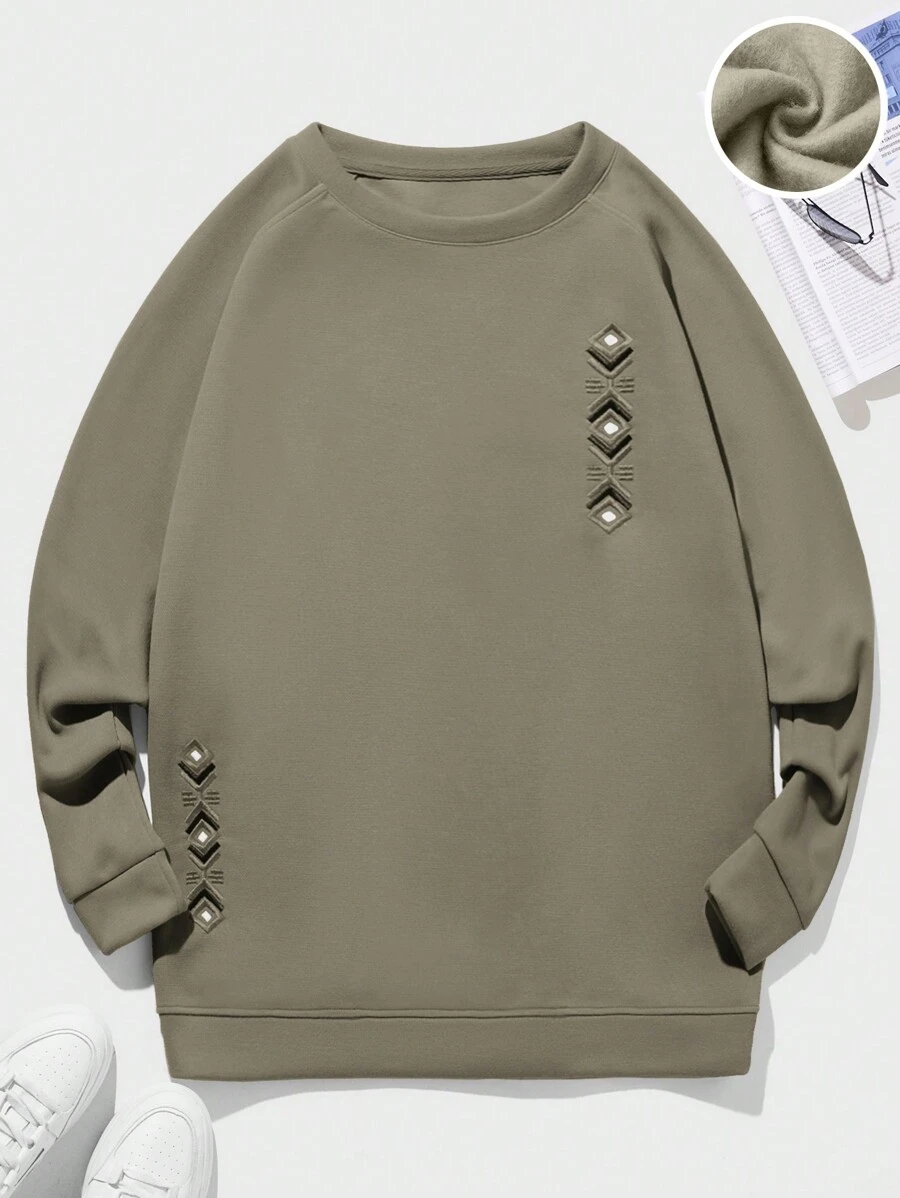 RueChic Men Geo Embroidery Raglan Sleeve Sweatshirt - Khaki - View 1