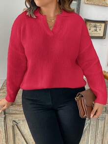 Calvaya 加大码落肩罗纹针织套头衫秋冬毛衣 - 紅色 - 查看 3