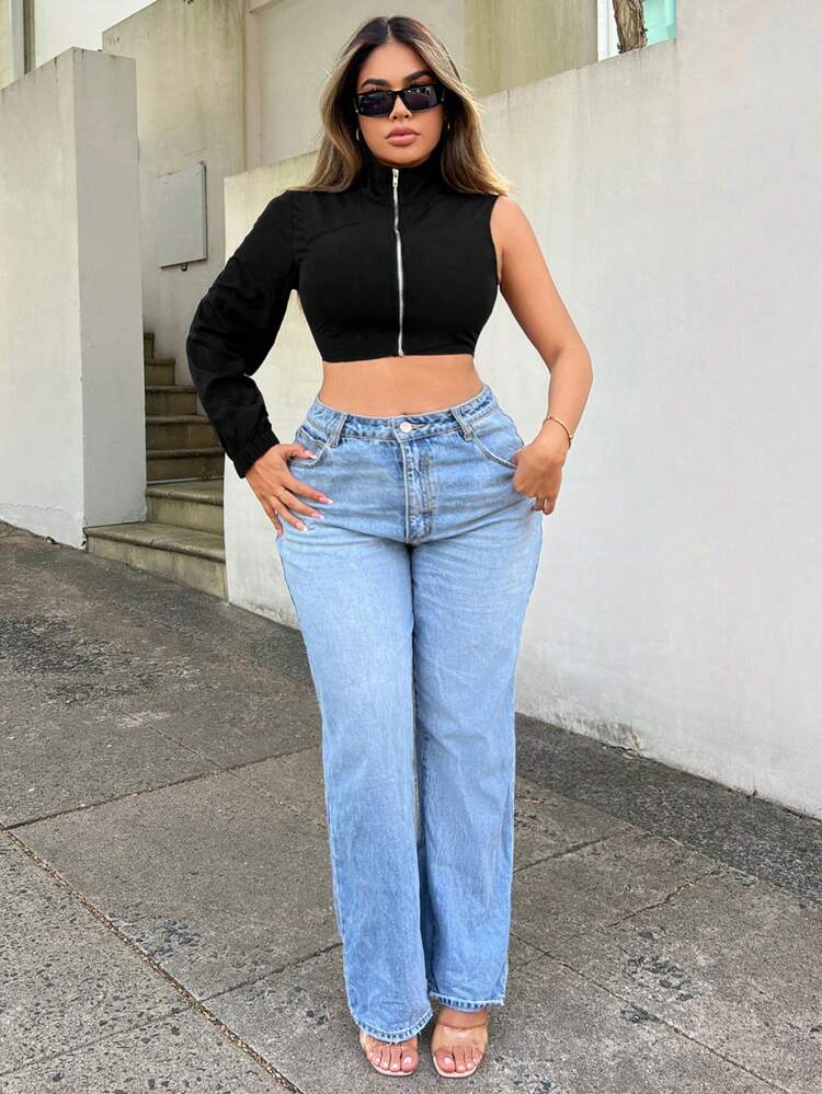Solid Color One Shoulder Zip Women's Cropped Jacket