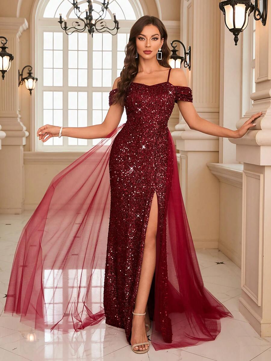 露肩开叉大腿亮片舞会礼服派对礼服婚礼宾客礼服正式礼服晚礼服 - 酒紅色 - 查看 1