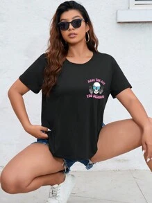 SHEIN EZwear Hơn Sọ & Đồ họa Khẩu hiệu Áo thun - màu đen - Xem 6