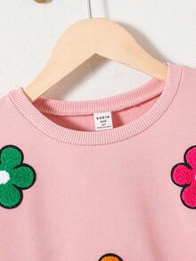 SHEIN 女大童花卉圖案植絨落肩袖加絨內裏運動衫 - 淺粉色 - 查看 6