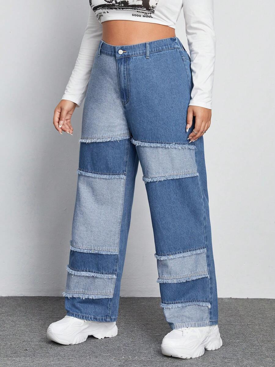 SHEIN EZwear Plus Colorblock Raw Trim Wide Leg Jeans - Blue - View 1