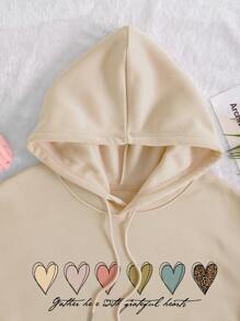 SHEIN EZwear Áo nỉ giữ nhiệt cỡ lớn in hình trái tim, có túi kangaroo và dây rút. - Màu be - Xem 5