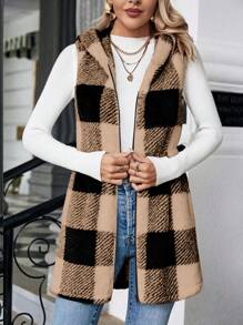SHEIN Essnce Buffalo Plaid Pattern Hooded Teddy Vest Coat - Khaki - View 5