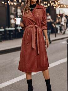 SHEIN Clasi Double Breasted Belted Trench Coat Fall Cloth For Women - Redwood - View 3