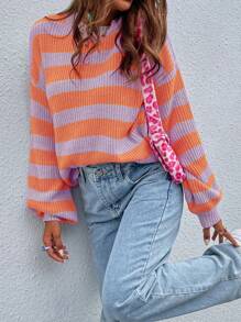 Chiquease Striped Pattern Drop Shoulder Knit Pullover Fall Winter Sweater - Multicolor - View 7