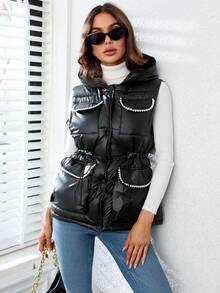 SHEIN Essnce 女士冬季服装仿珍珠装饰丝带系腰无袖连帽加厚棉服外套 - 黑色 - 查看 4