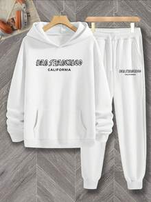 Manfinity Homme 男士標語圖案落肩袖連帽衫和運動褲 - 白色 - 查看 3