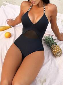 对比色网眼吊带连体泳衣，适合夏季海滩度假 - 黑色 - 查看 1