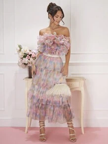 Enchnt 女士夏季時尚印染多層荷葉邊拼接包身背心 - 粉色 - 查看 3