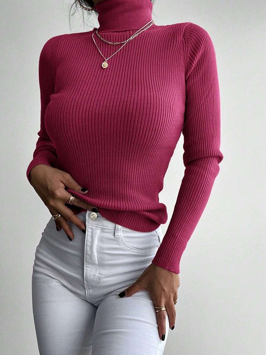 Cloudara Solid Ribbed Turtleneck Jumper - Red Violet - View 1