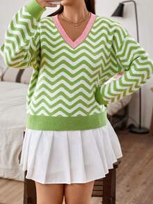 Flirla 大碼鋸齒圖案拼接邊落肩袖套頭毛衣 - 綠色 - 查看 4