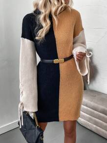 SHEIN LUNE Color Block Drop Shoulder Lace Up Side Sweater Dress Without Belt - Multicolor - View 5